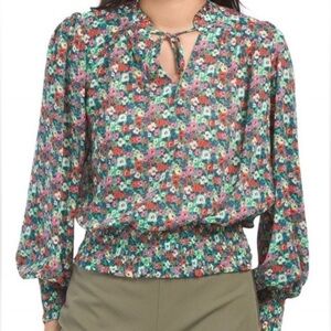 Rachel Zoe Green Floral V-Neck Tassel Tie Boho Peasant Blouse Women's M-L